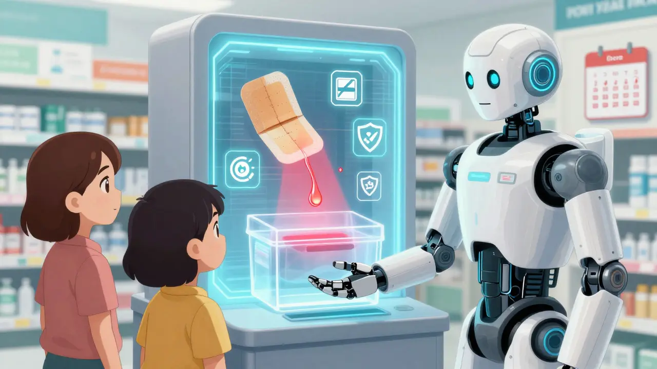 A family uses a holographic kiosk to dispose of medicated patches safely.