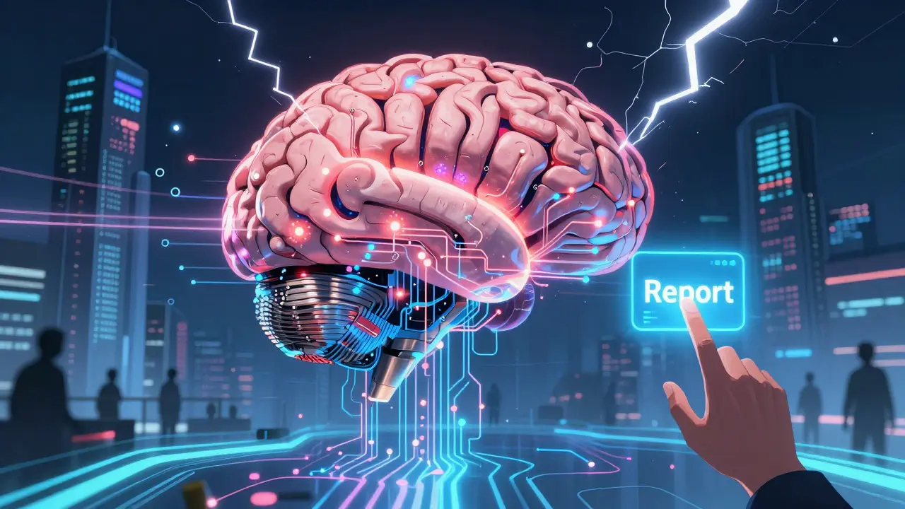 A giant digital brain detecting hidden drug interactions across millions of data streams, with AI towers and a hand pressing a report button.