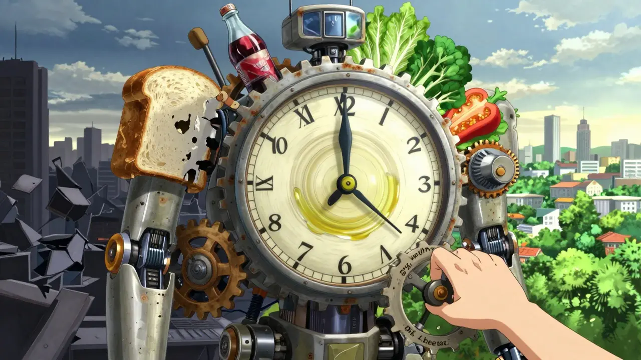 A giant mechanical clock made of food, with healthy items powering reversal as unhealthy ones break apart.