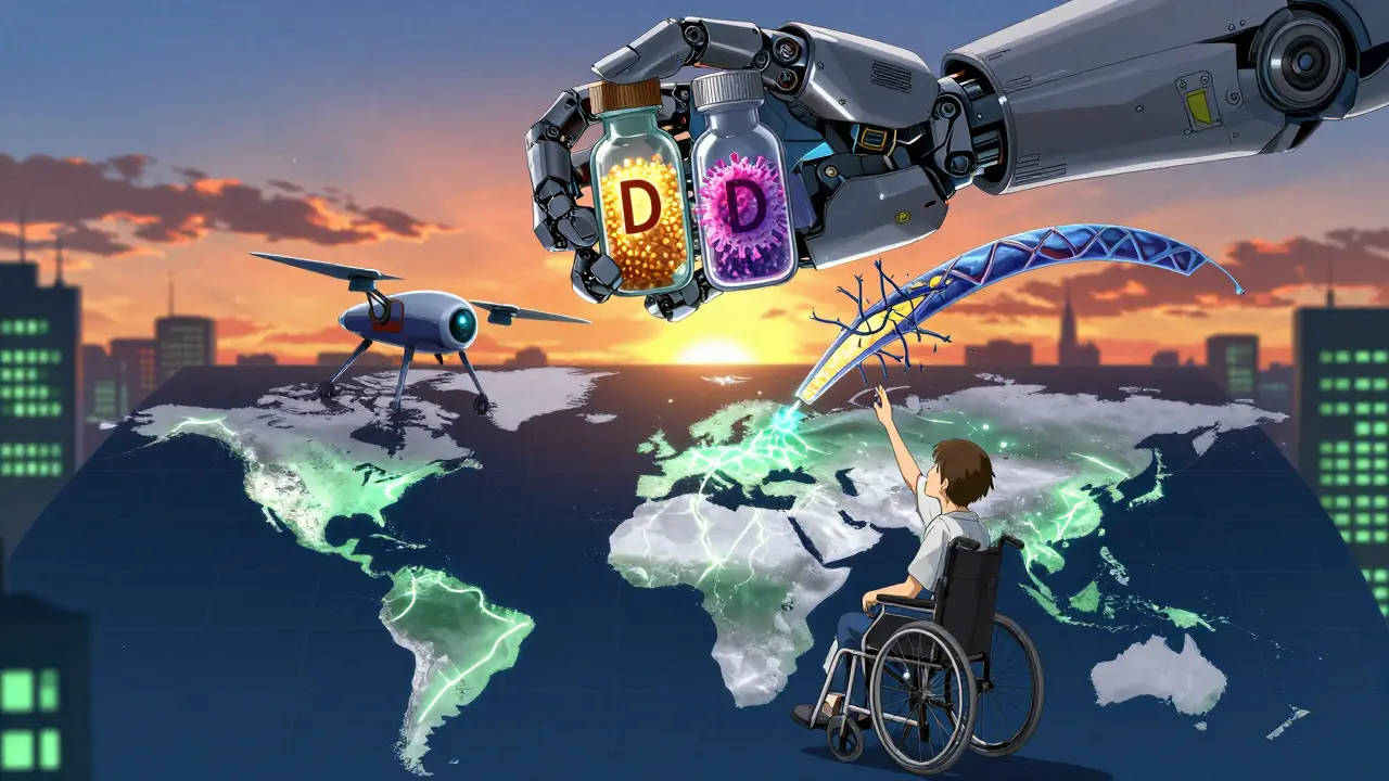 A global map of MS prevalence with vitamin D and EBV vials, as a drone repairs a nerve bridge above a city.