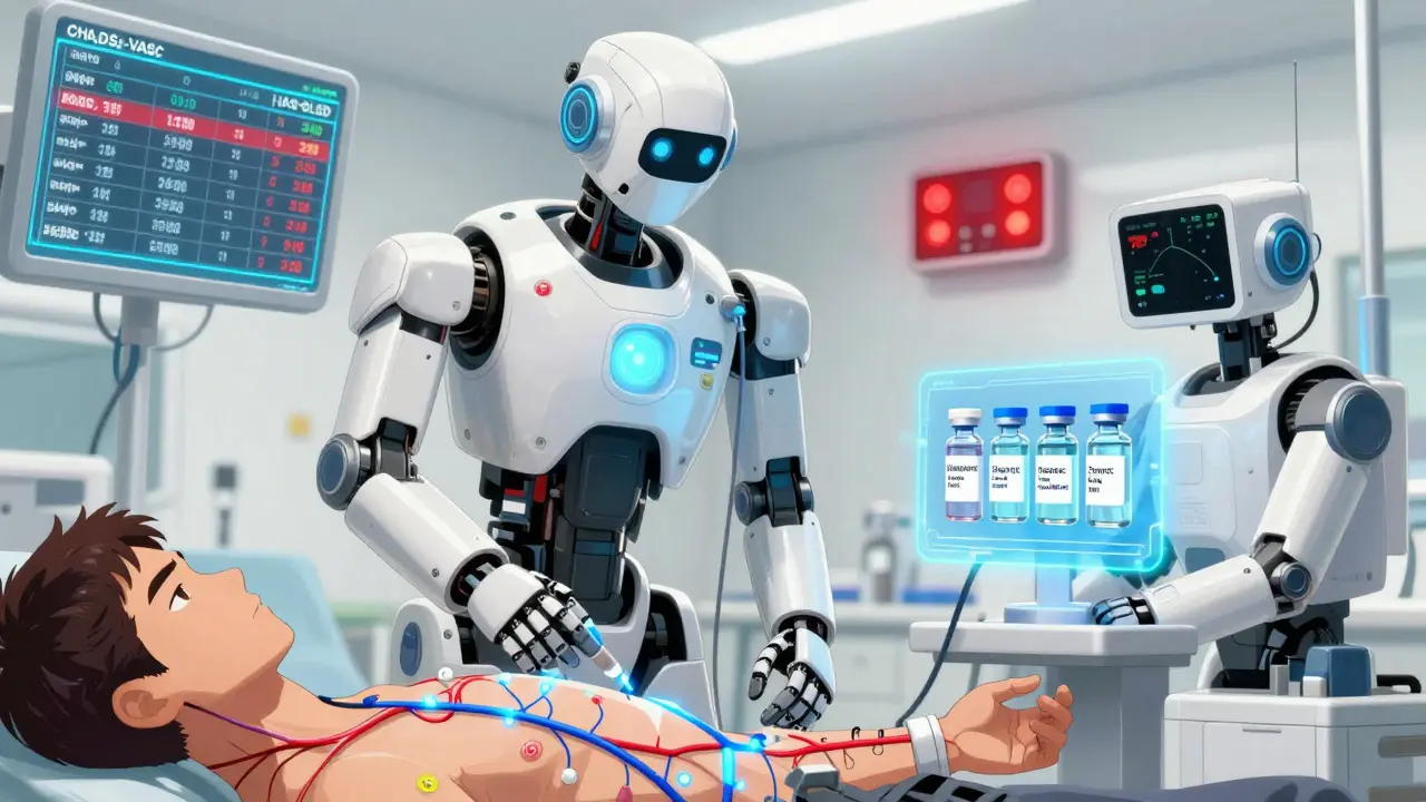 A hospital emergency scene with robots administering anticoagulant reversal agents.