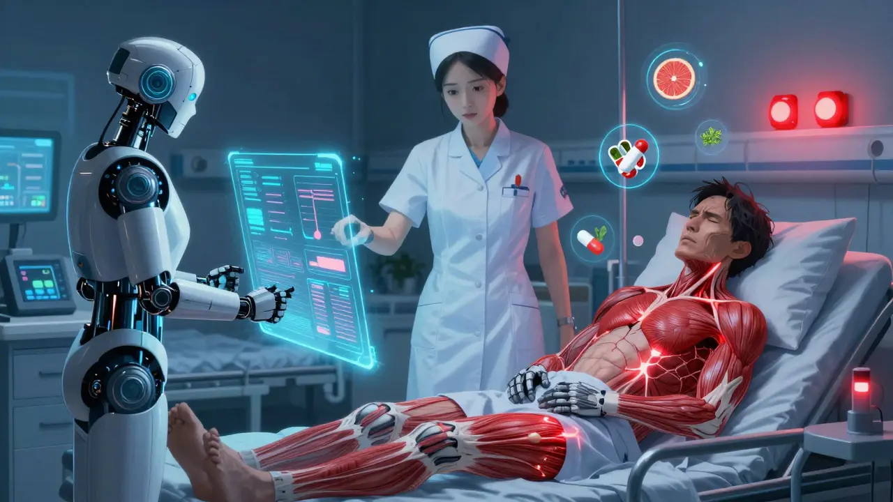 A patient in a hospital bed with glowing muscle damage as floating medication icons hover nearby, under eerie blue and red lighting.