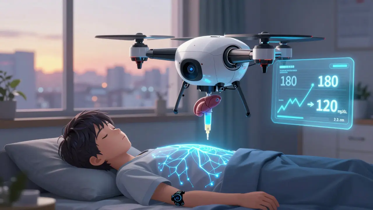 A robotic insulin drone delivers precise insulin at 2 a.m. as glucose levels drop from 180 to 120 mg/dL.