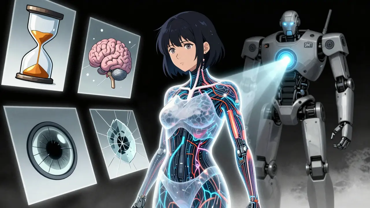 A woman mid-relapse with flickering neural pathways, surrounded by symbols of MS symptoms and a DMT guardian.