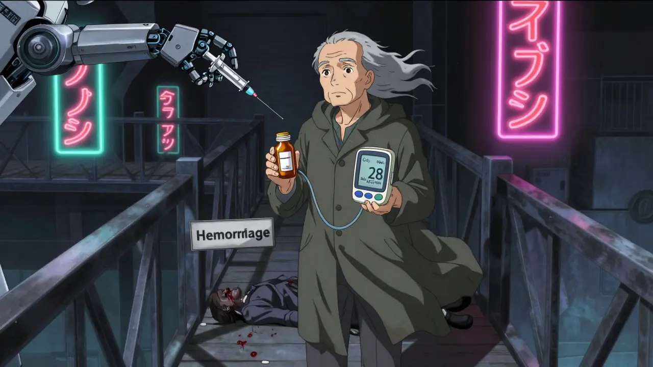 An elderly person on a bridge with a kidney monitor, facing a chasm of bleeding risk.