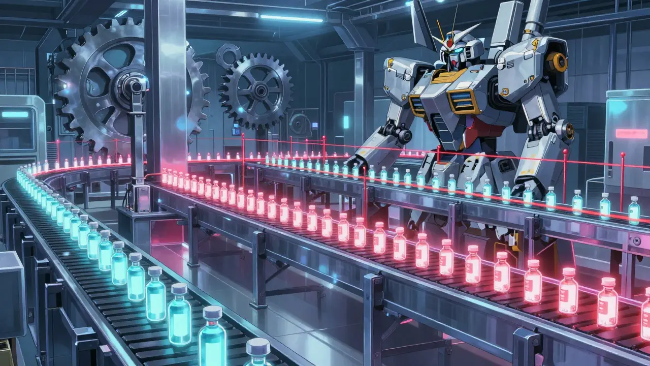 Automated facility sorting pills with red barrier lasers blocking.