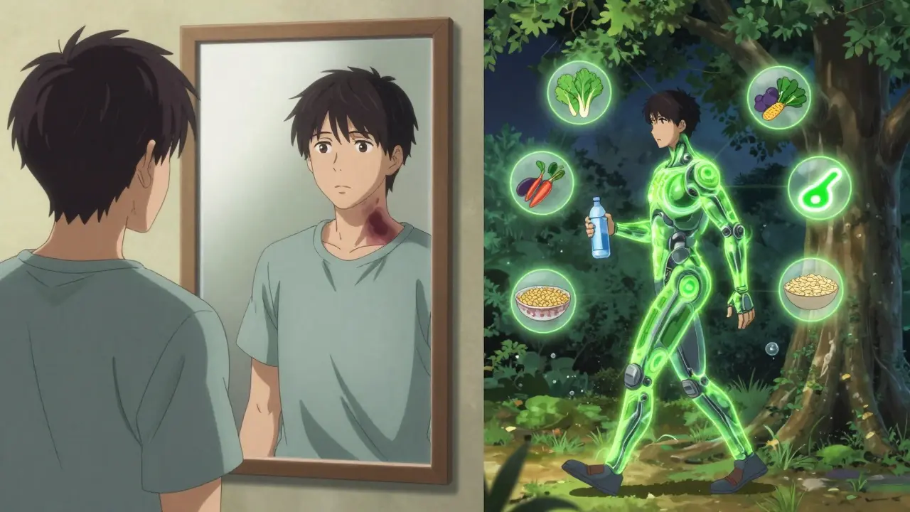 Before and after scene: one side shows skin patches and fatigue, the other shows healthy walking with floating food icons.