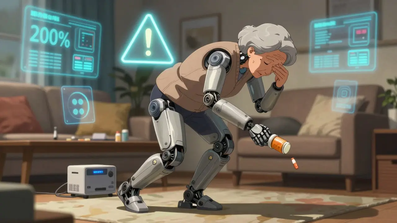 Elderly woman falling due to dizziness from medication, bottle tumbling nearby with risk icon above.