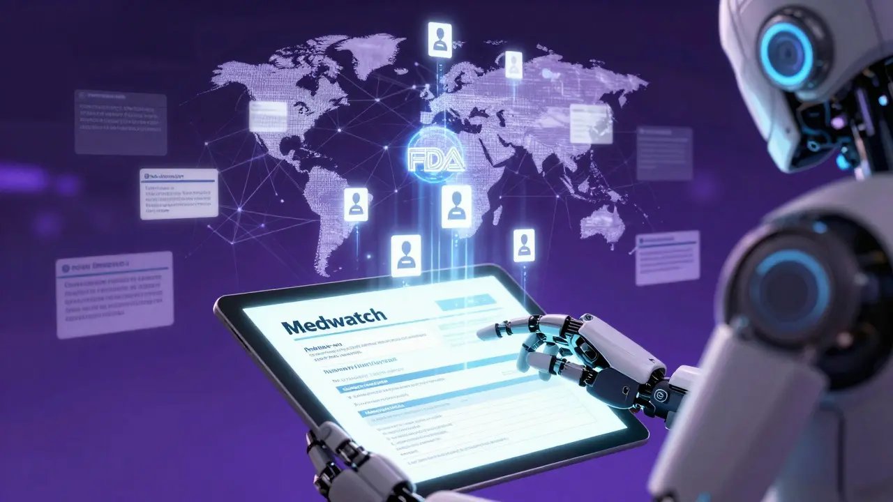 Hand submitting medication side effect report as data streams form a global safety network.