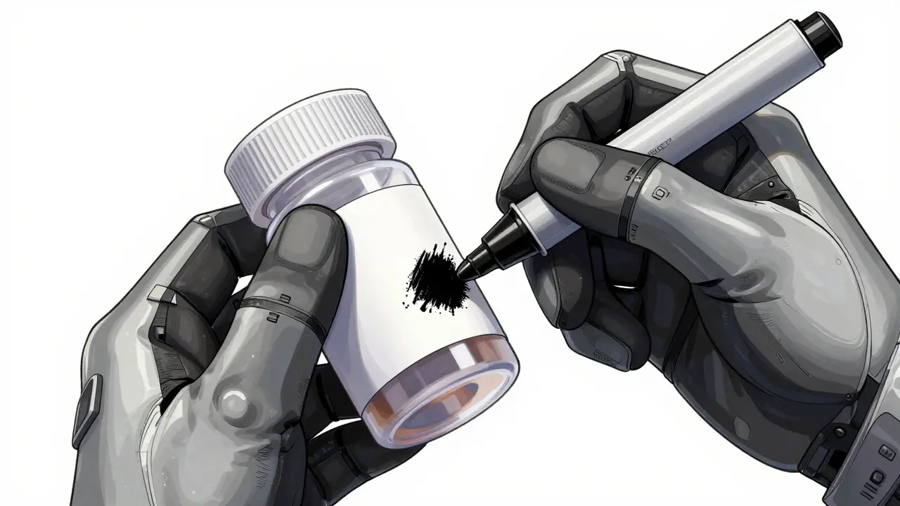 Hands blacking out text on a prescription label for privacy.