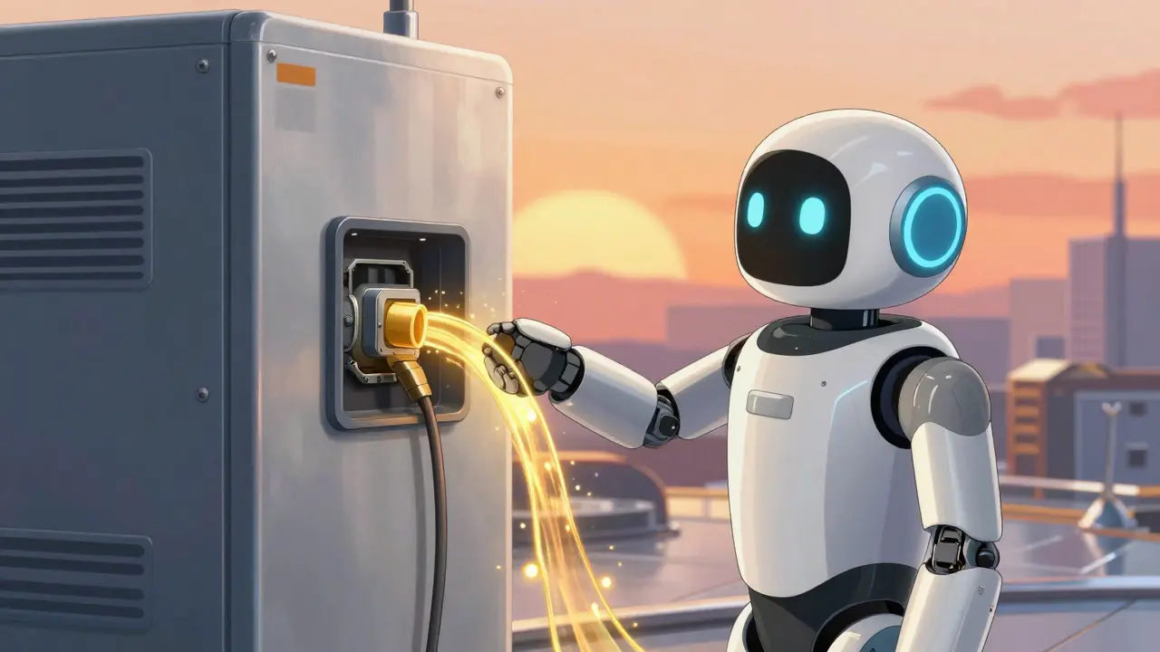 Robot connecting to power station with golden energy flow relief.