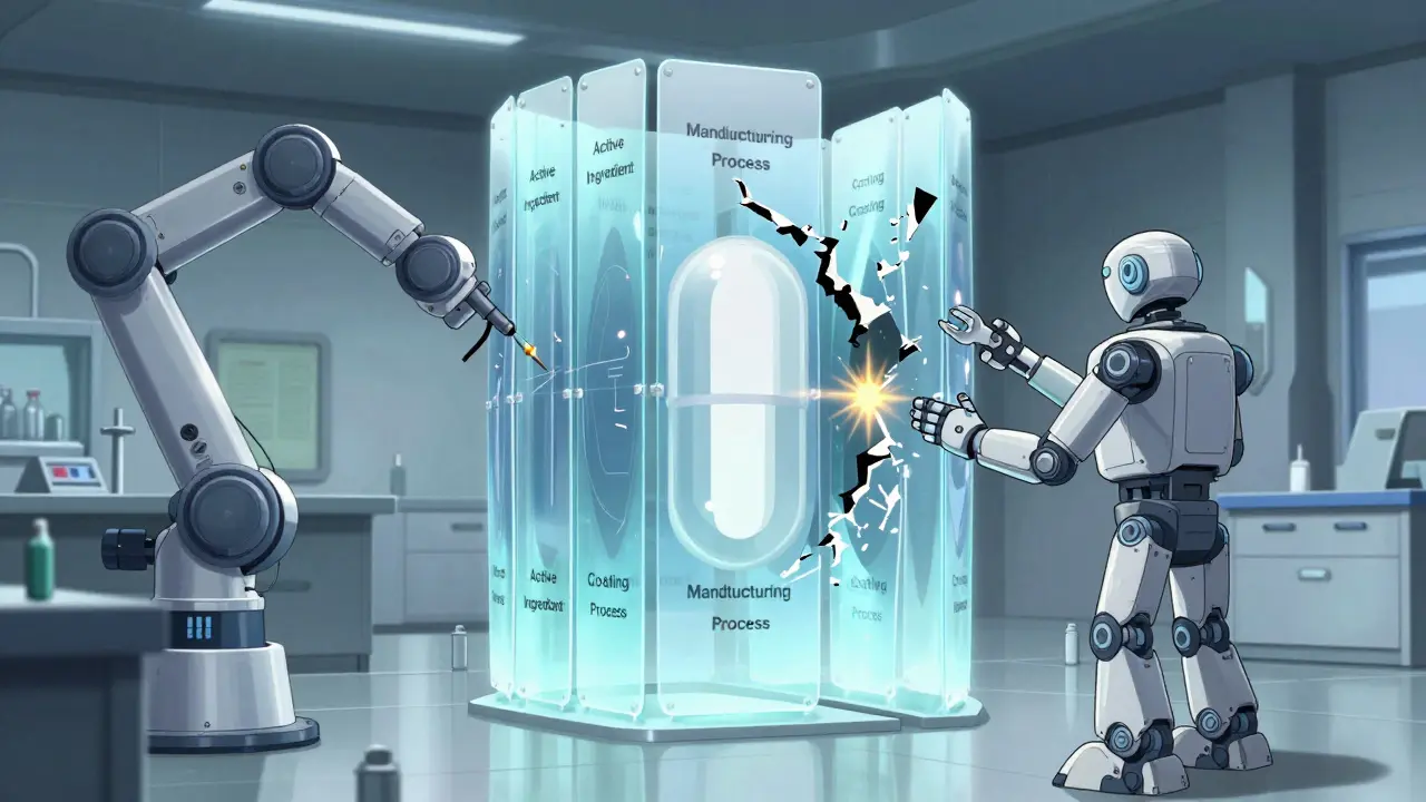 Robotic arms building layered patent shields around a pill, while a generic robot prepares to break through the outermost layer.