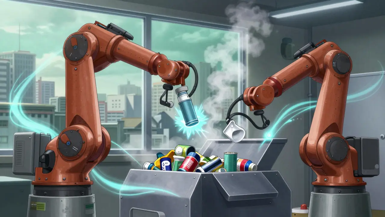 Robotic arms sort inhalers at a high-tech waste facility with neon energy trails.