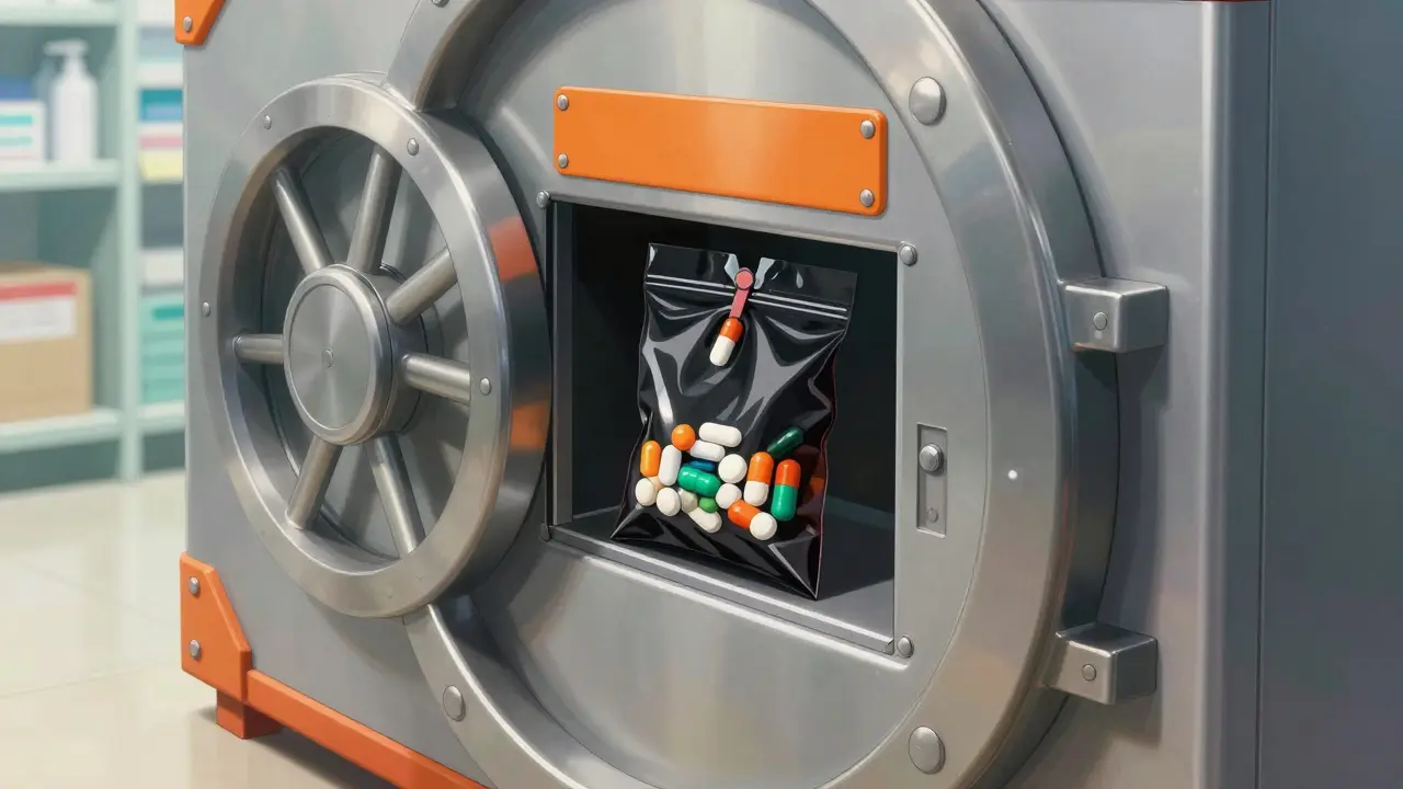 Sealed disposal bag being placed in a secure collection box.