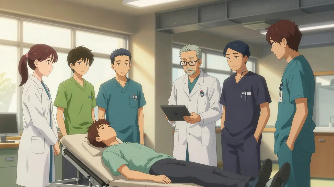 Support team meeting with patient in bright facility