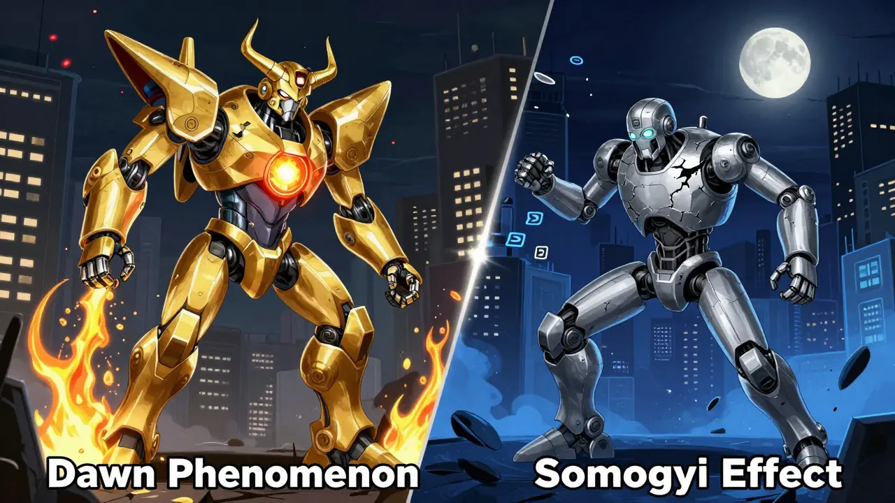 Two mechanical entities represent dawn phenomenon and Somogyi effect in a nocturnal battle of glucose levels.