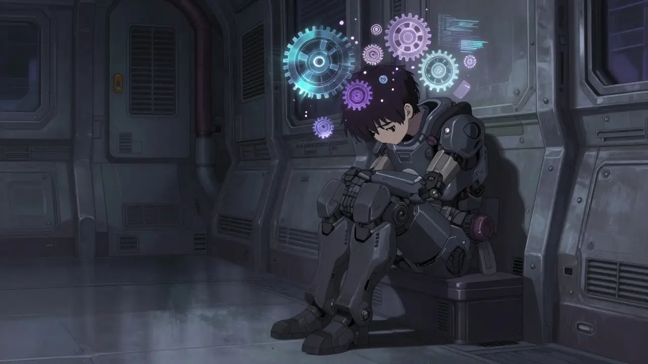 Withdrawn person in tech-filled room with glitch effects