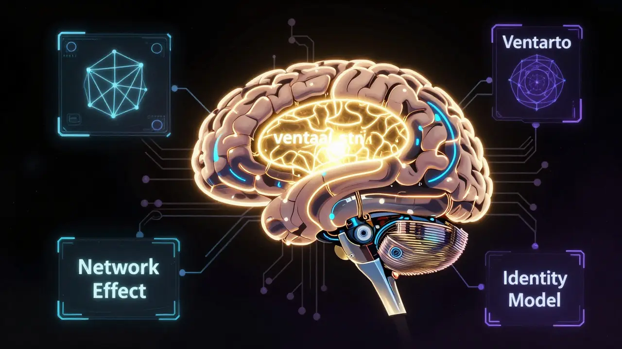 A mechanical brain with a glowing gold reward center and holographic neural connections.