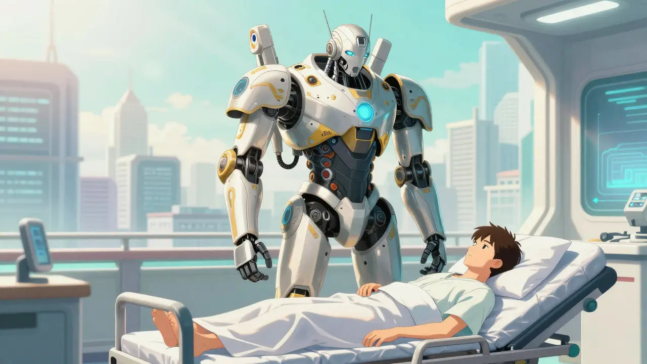A medical mech guarding a patient in a futuristic recovery pod.