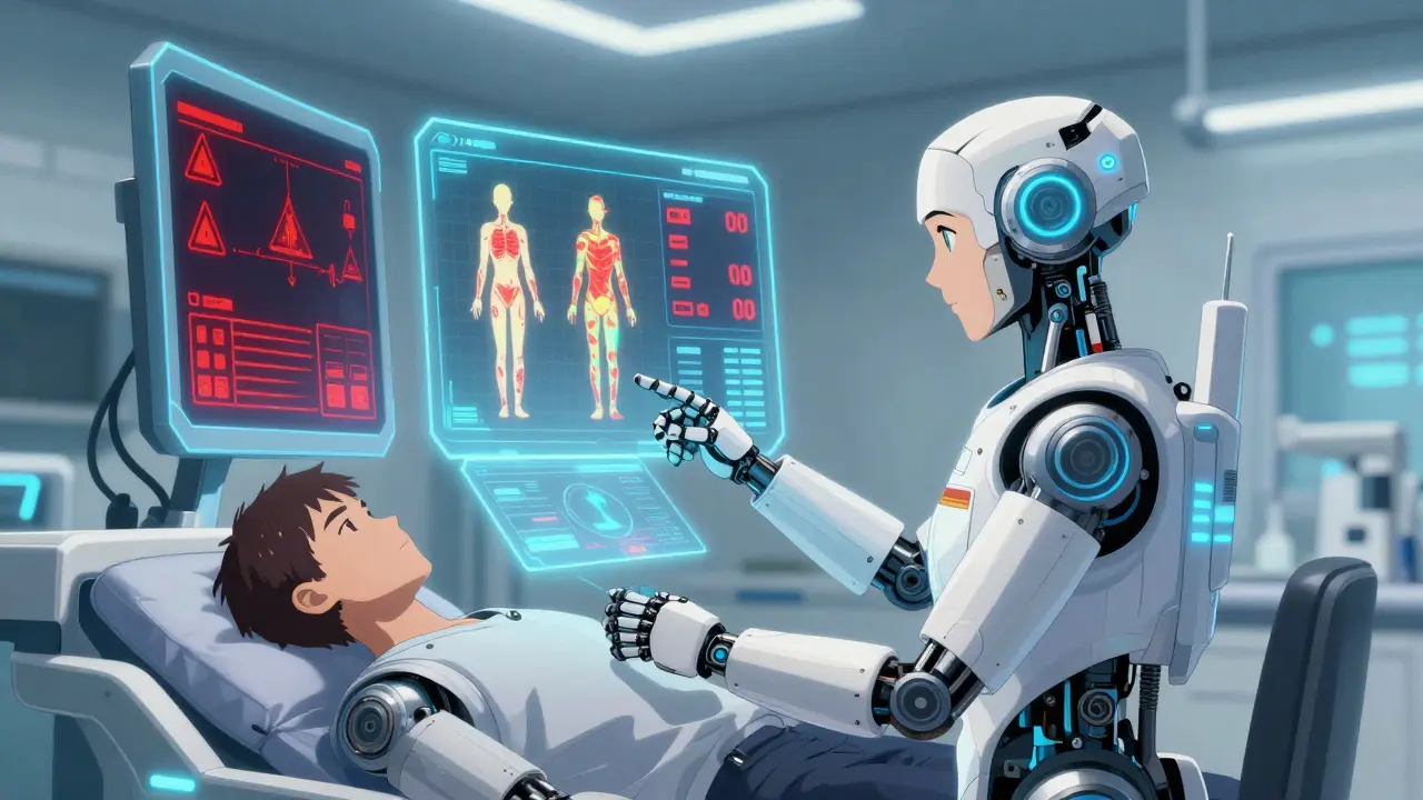 A robot medical officer reviewing patient biometric data on holographic screens.