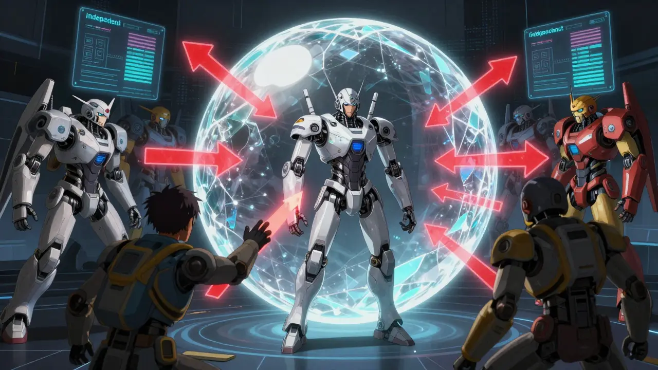 A robot protected by a crystalline sphere from red digital data streams in a virtual void.