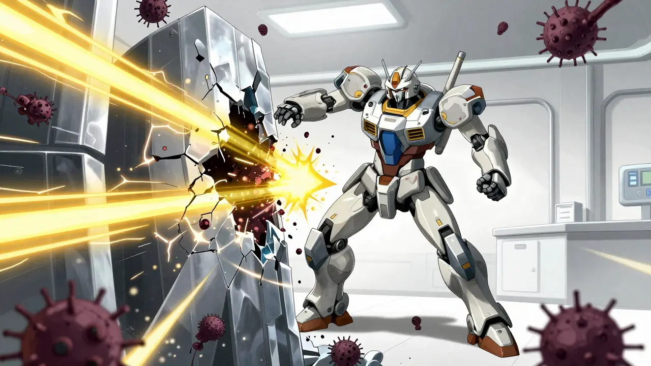 A robotic guardian accidentally breaking a crystalline barrier, releasing mechanical bacteria.