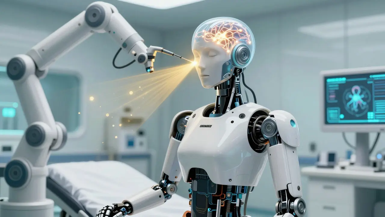 Android in a futuristic clinic with a golden light targeting specific nodes in its neural network.