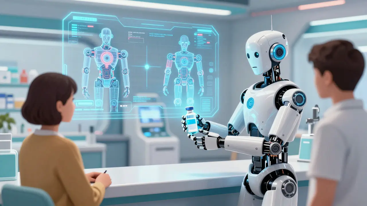 Android pharmacist providing a medical vial in a high-tech space station pharmacy