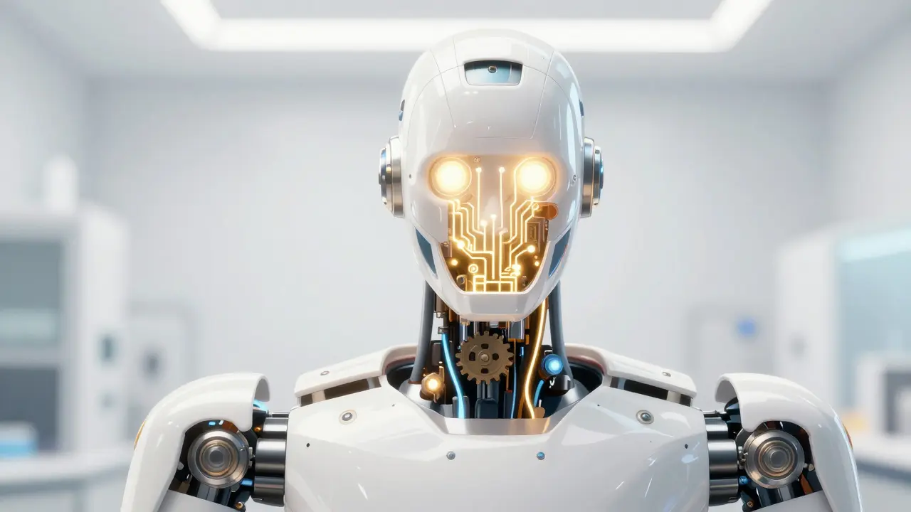 Close-up of a robot with glowing gold internal circuitry in a sterile lab.