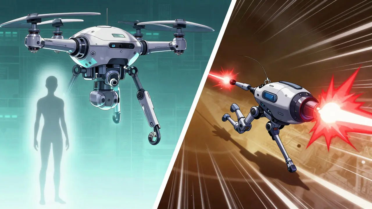 Comparison of a large sentinel robot and a small agile probe in mecha anime style