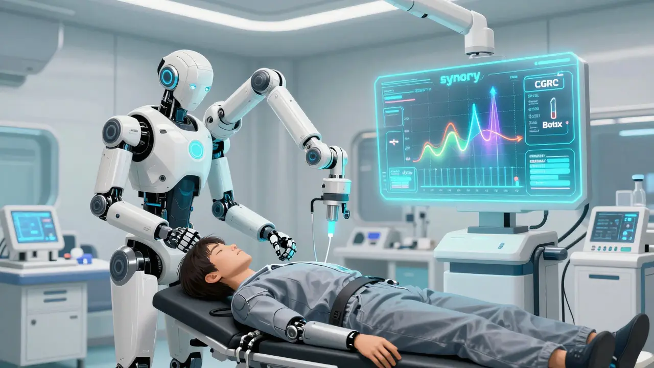 Futuristic medical bay with a robotic arm and holographic synergy display