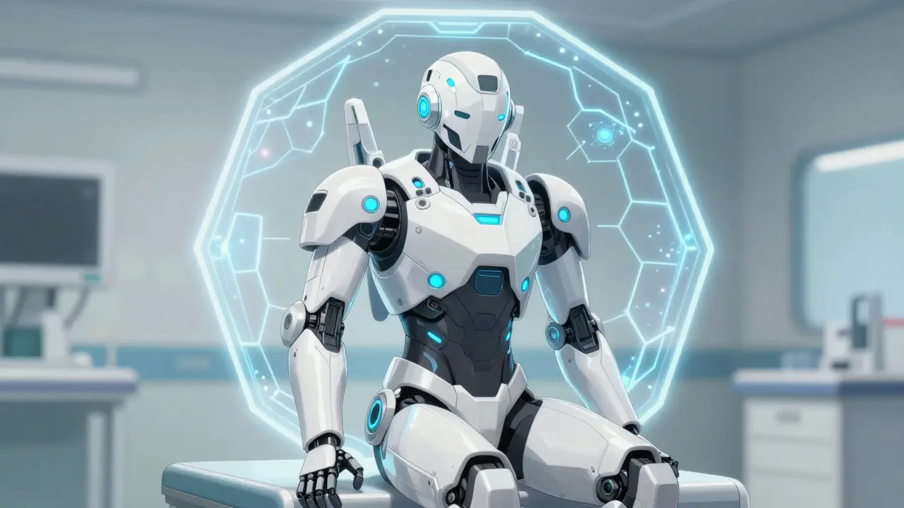 Futuristic robot suit projecting a protective shield around a patient figure.