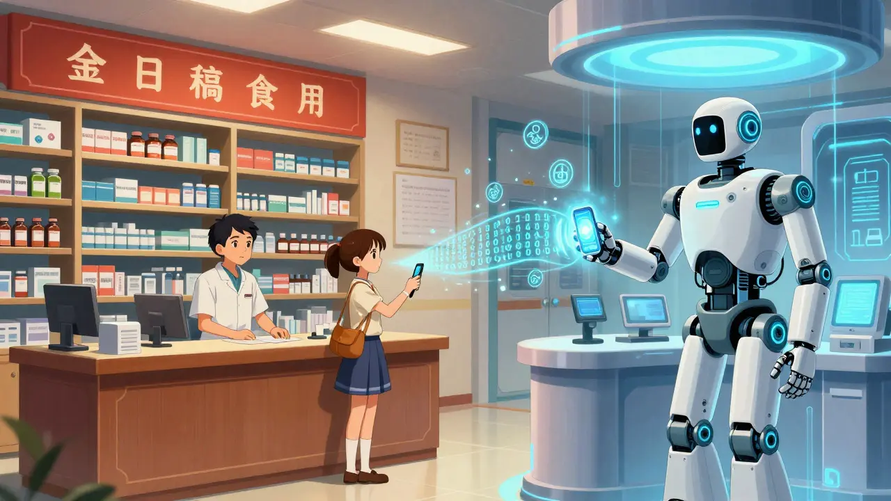 Futuristic scene of a medical robot instantly transmitting prescription notes to a device