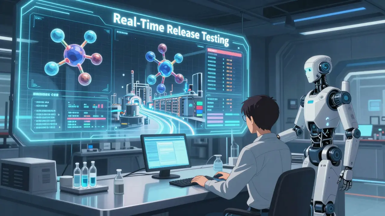 Human and robot monitoring real-time pharmaceutical quality data on holographic screens