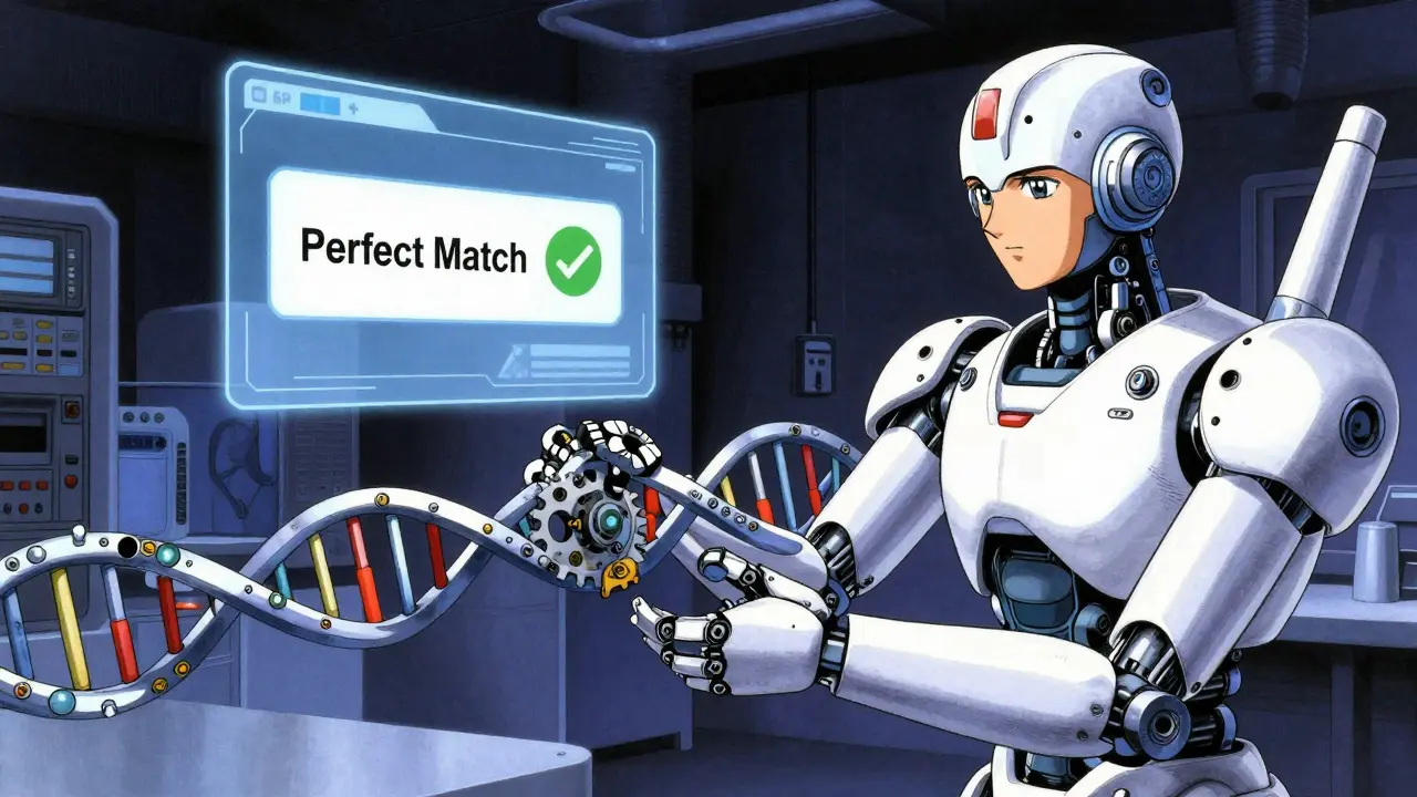 Mechanical DNA helix being analyzed by a holographic scanner indicating a personalized medical match.