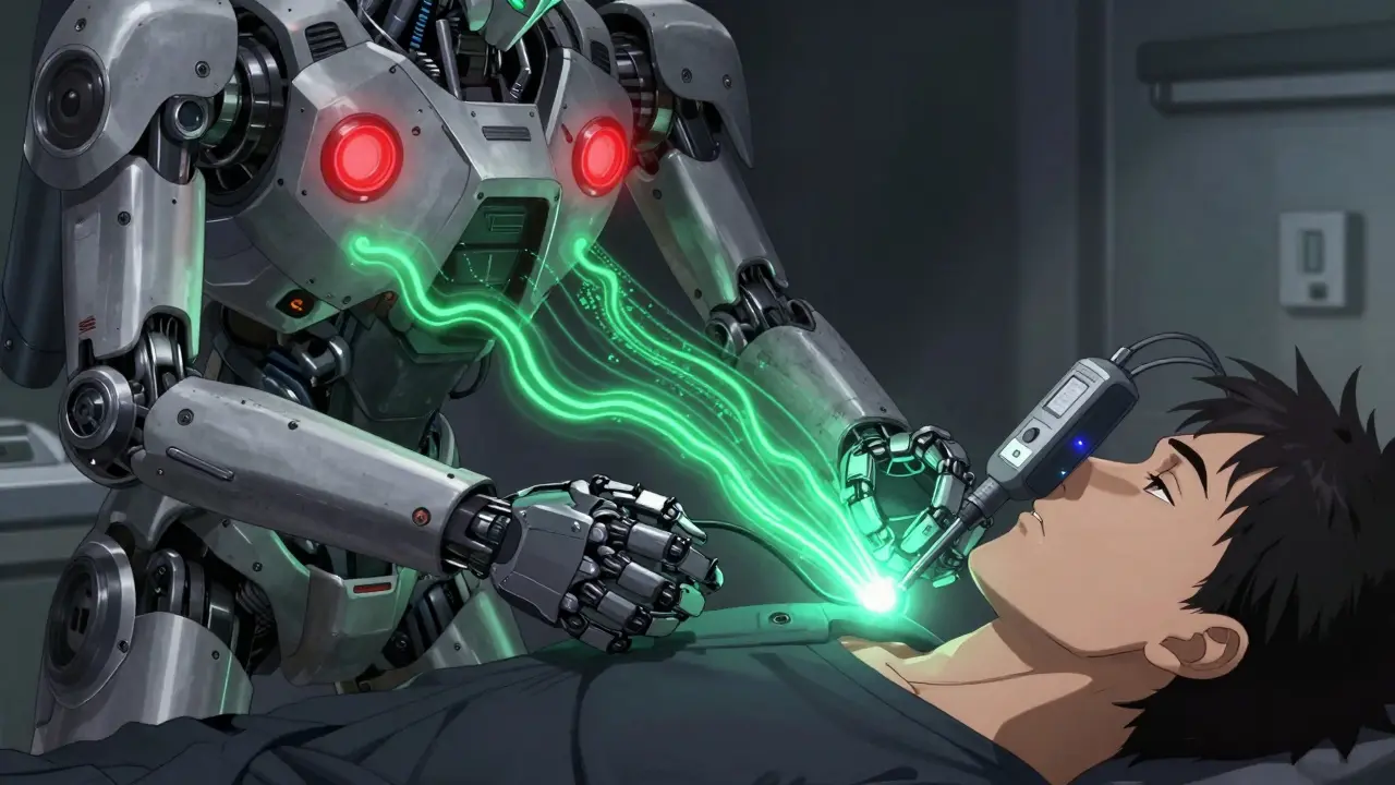 Mechanical hands managing data streams indicating pain suppression treatment.