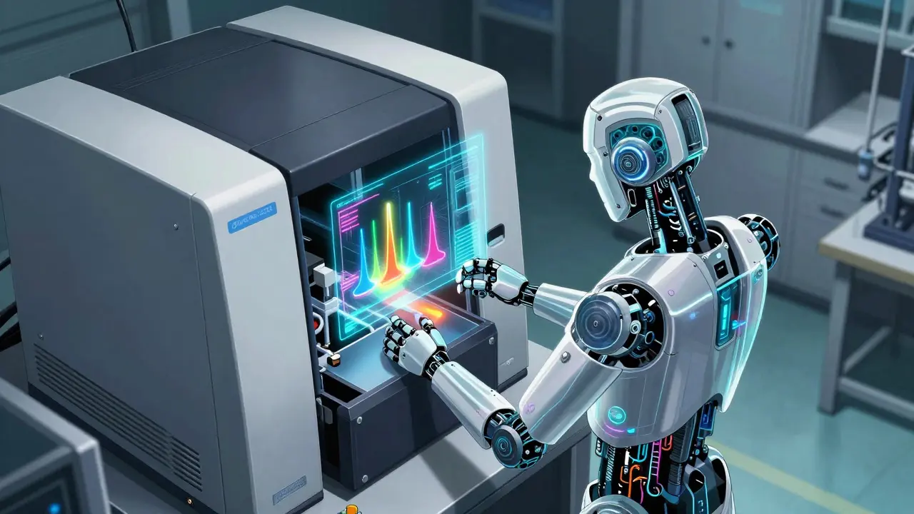Robot scientist analyzing chemical samples using a high-tech HPLC machine and holograms