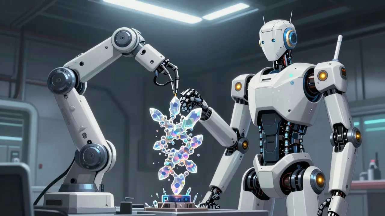 Robotic arm assembling complex iridescent structures in a futuristic facility