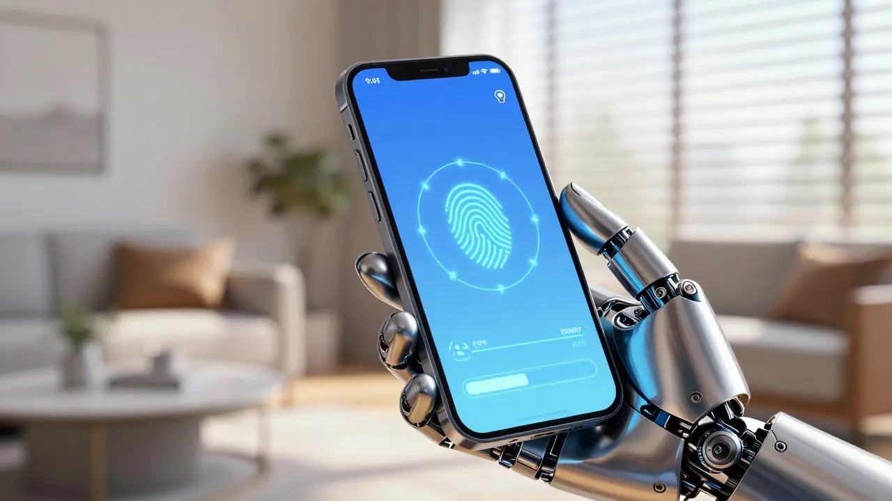 Robotic hand holding a smartphone showing a pharmacy app with biometric security icons