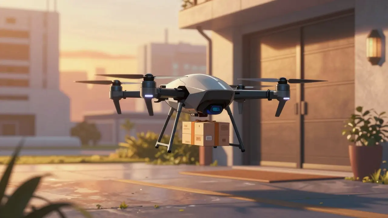 Sleek delivery drone delivering medical package to a home