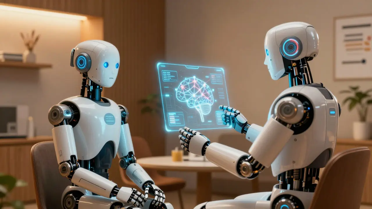 Two robots in a cozy room discussing a holographic mental network.