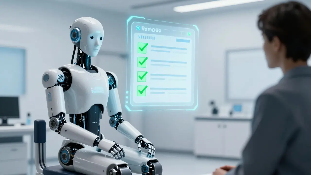 Android doctor conducting a secure telehealth prescription consultation