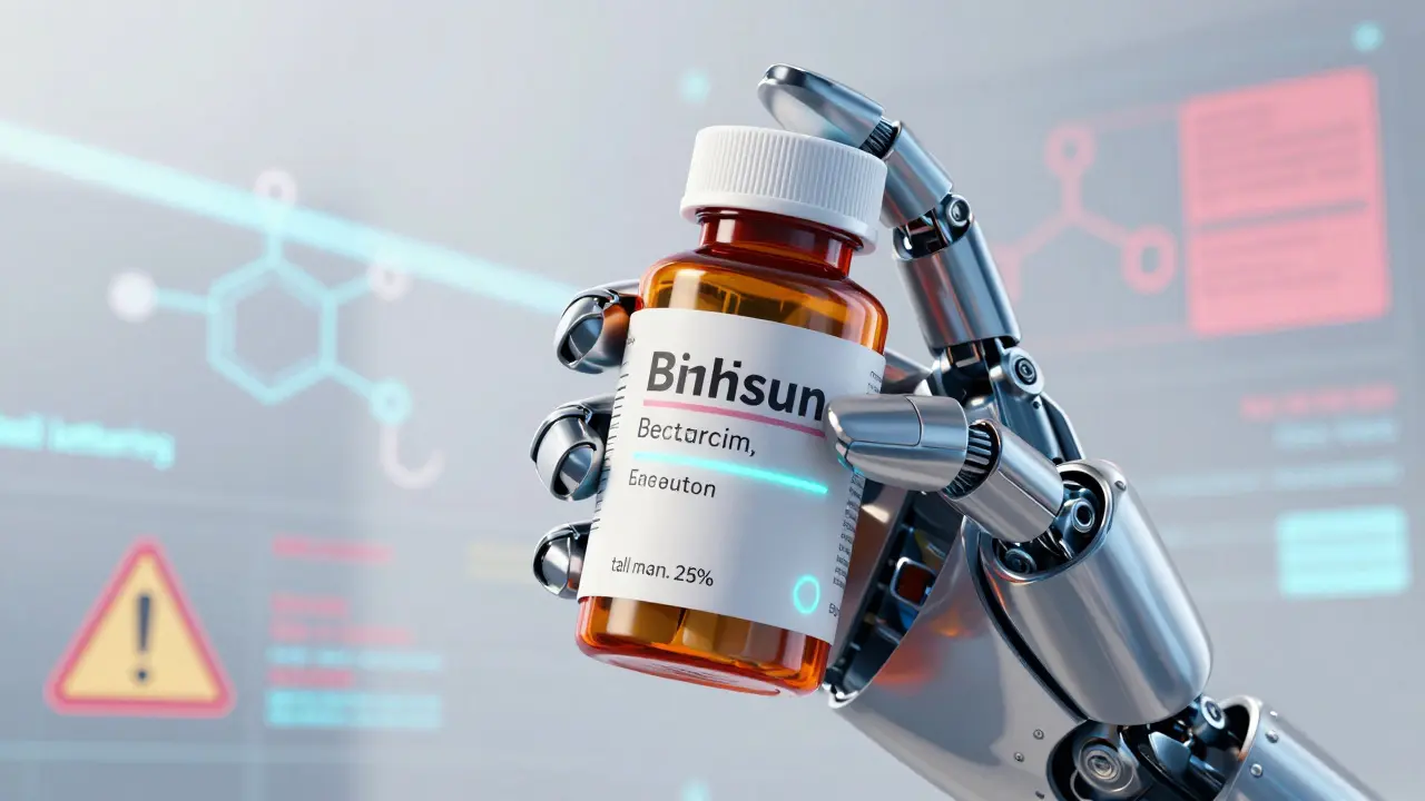 Close-up of a prescription bottle showing drug names and dosage details clearly.