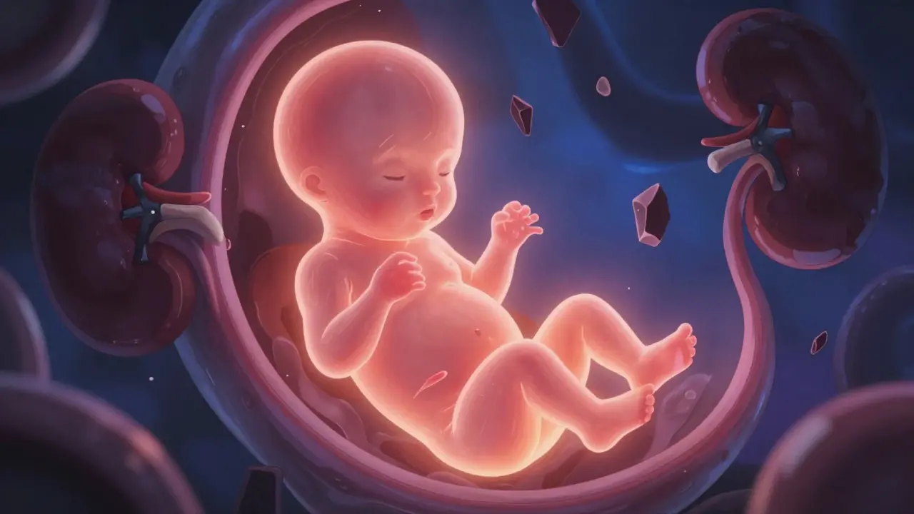 Conceptual art showing fetal health risks in womb