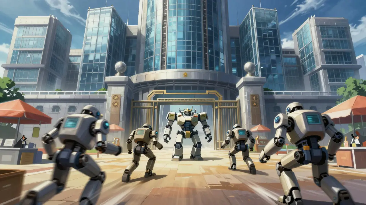 Corporate fortress vs agile generic units in a strategic marketplace battle scene.