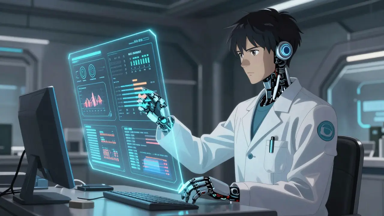 Doctor analyzing medical safety data on a holographic screen in a high-tech office.