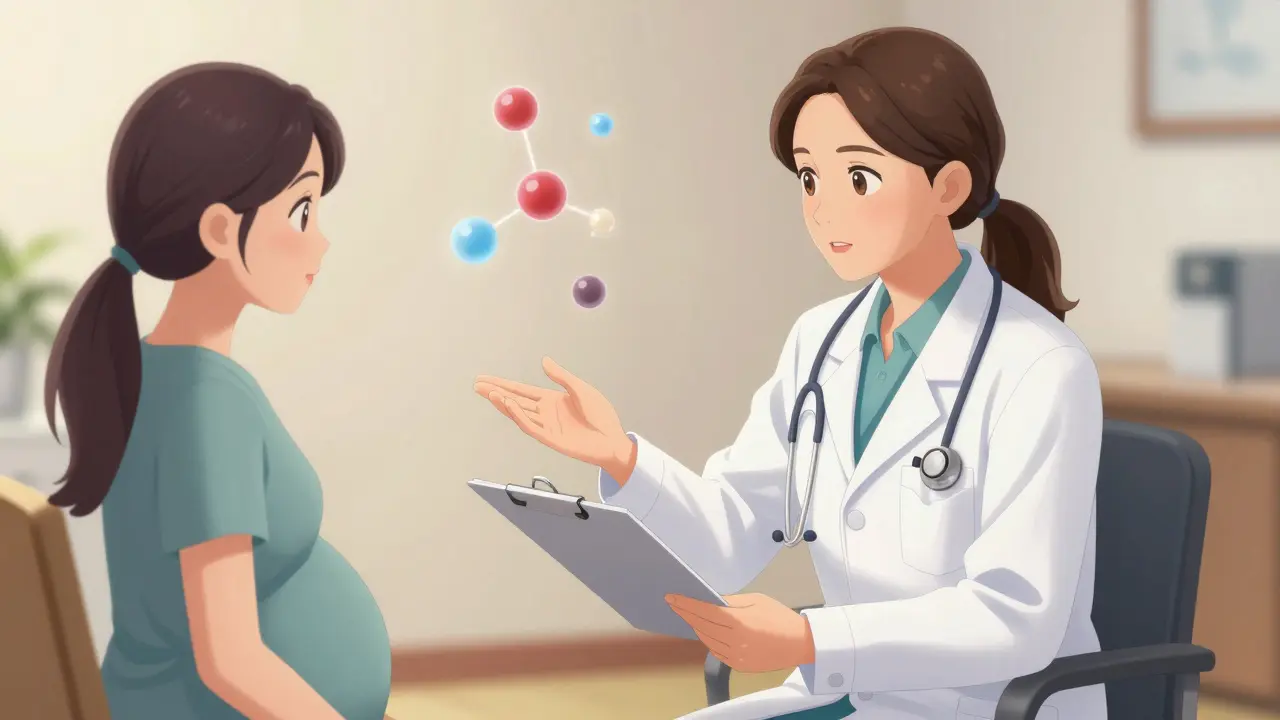 Doctor reassuring pregnant patient about safe meds