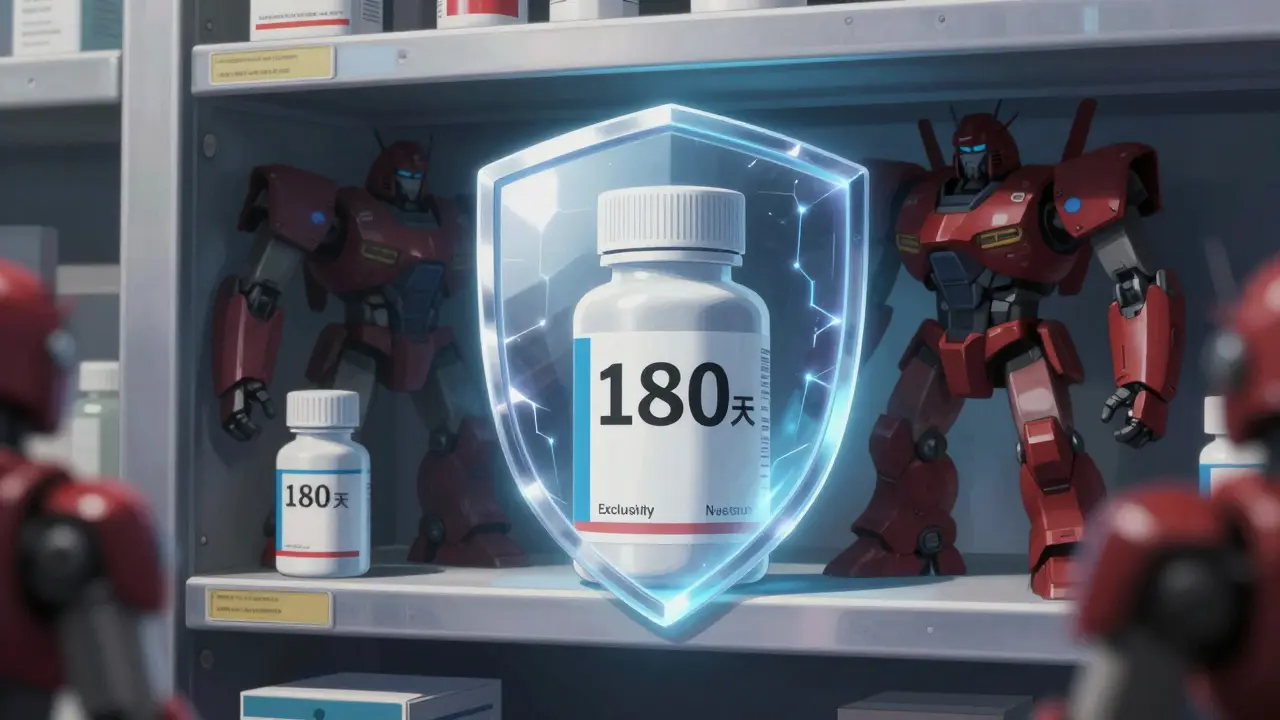 Generic drug protected by an energy shield from rivals on a shelf