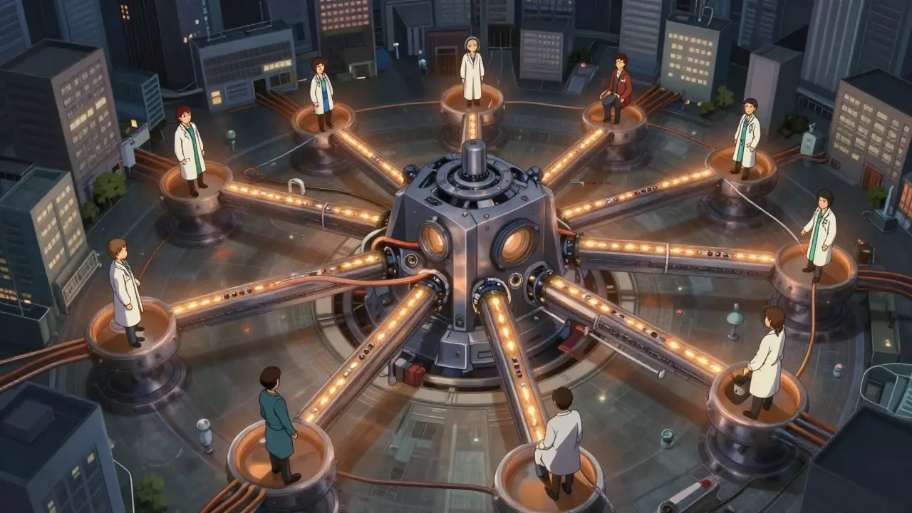 Industrial machine connected by strong beams to medical network nodes