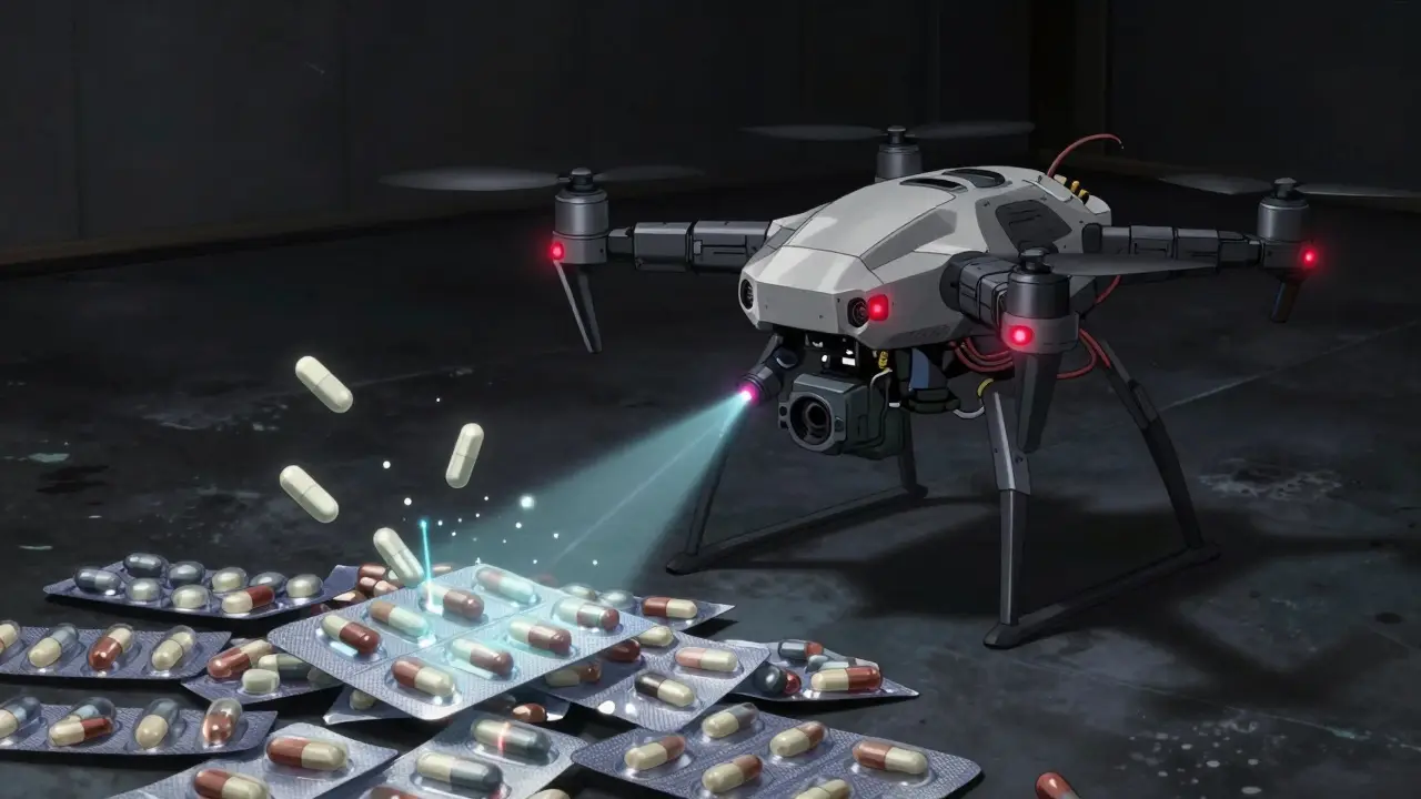 Inspection drone scanning counterfeit pills with laser beams